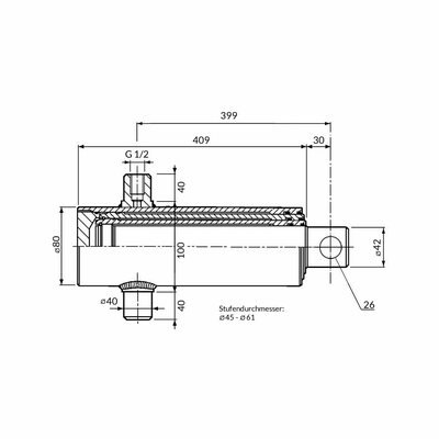 Einfachwirkender Teleskopzylinder, zweistufig, Hub 620mm Zeichnung