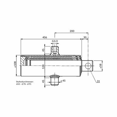 Einfachwirkender Teleskopzylinder, dreistufig, Hub 875mm Zeichnung